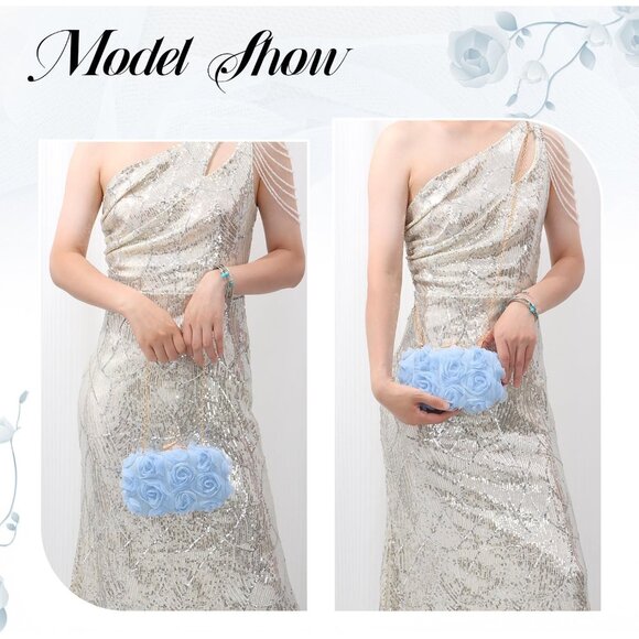 Blue Women's Mesh Lace Floral Clutch Purse Elegant Evening Bag with Chain - Picture 6 of 6